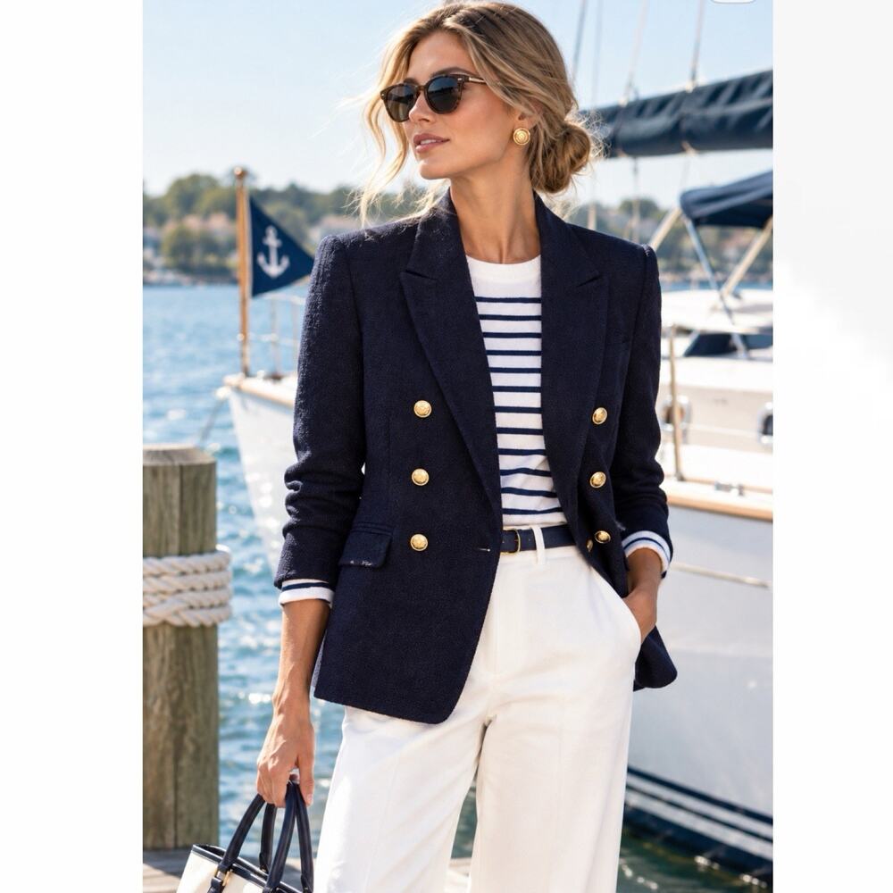 Banana Republic Navy Blue Cotton Textured Blazer 8 Petit Nautical Captain Jacket
